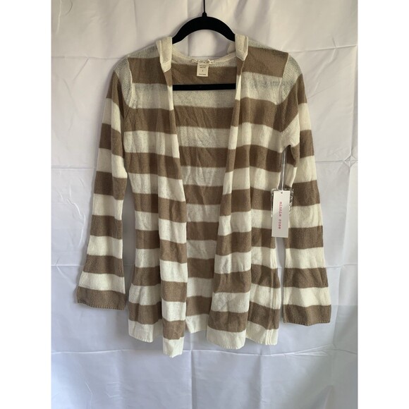 NWT Minnie Rose Womens Cashmere Knitted Open Front Hooded Striped Cardigan SM - Picture 1 of 9